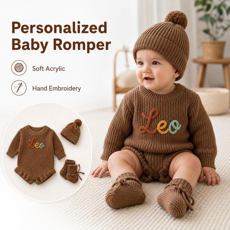 Baby Clothing Name - Personalisierter Baby-Strick-Strampler mit Individuell Gesticktem Namen,