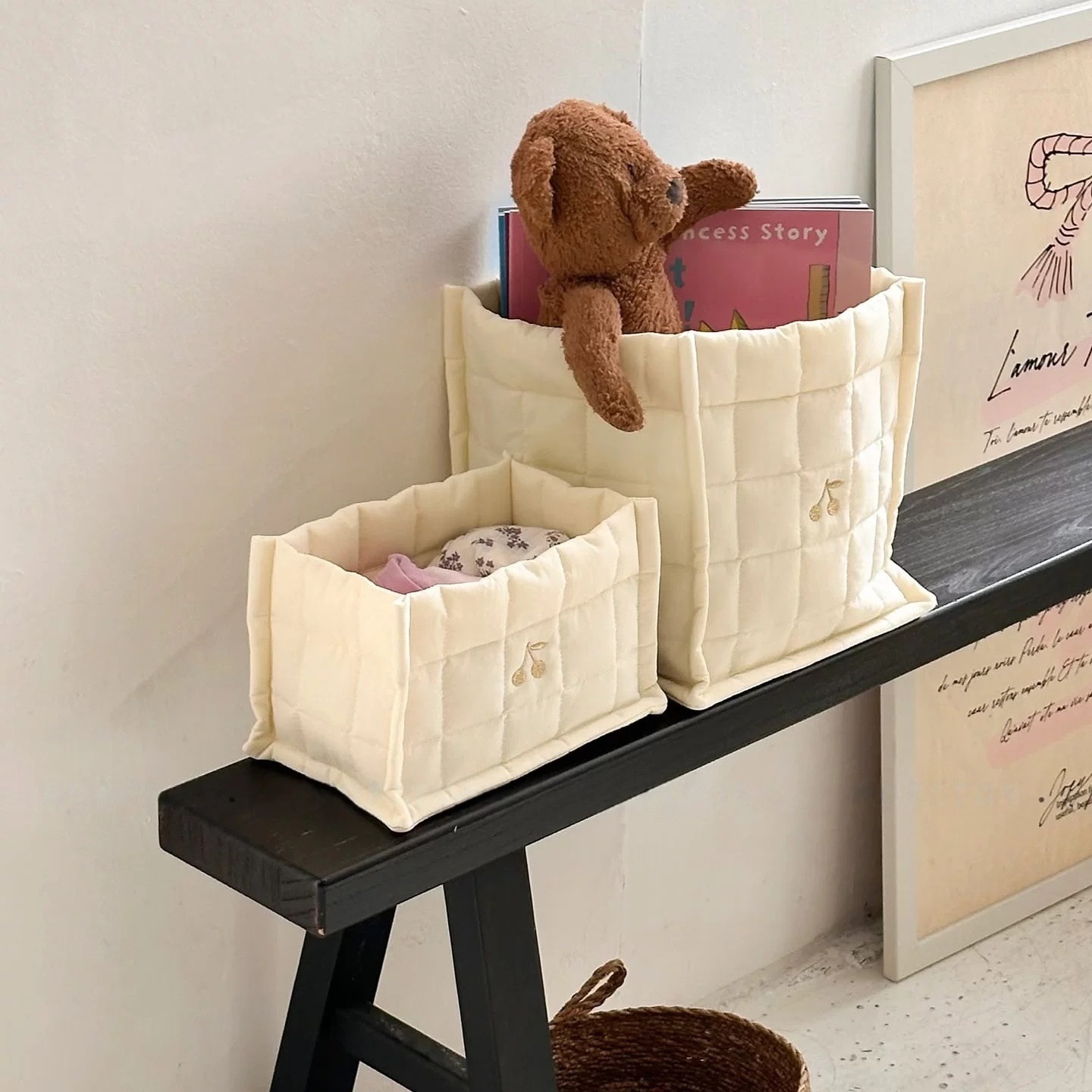 Baby Clothing Clearance - Kirschblüten-Stickerei Baby-Windeltasche Karierte Baumwoll-Aufbewahrungsbox für Babyartikel
